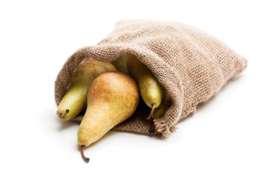 Olgun konferans armut beyaz izole sakcloth çanta 