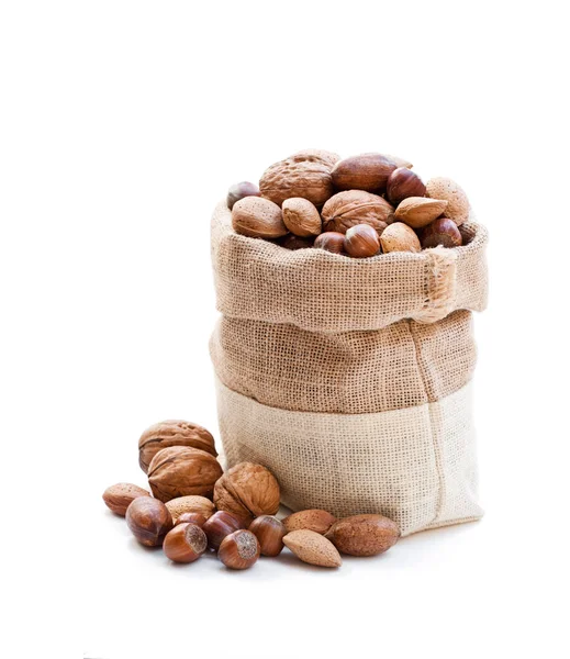 Various Nuts Sackcloth Bag Isolated White — Stock Photo, Image