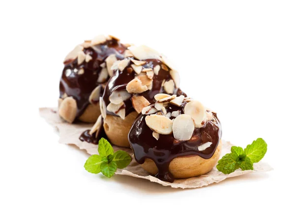 Homemade Chocolate Profiteroles Almonds Isolated White — Stock Photo, Image