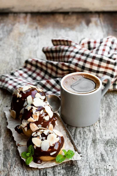 Homemade Profiteroles Almonds Cup Coffee Wooden Table — Stock Photo, Image