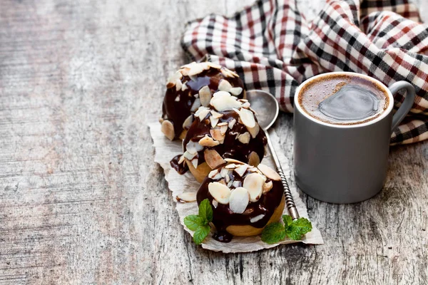 Homemade Profiteroles Almonds Cup Coffee Wooden Table — Stock Photo, Image