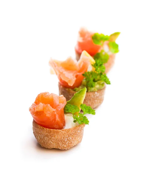 Croustades Crispy Pastry Cases Filled Salted Salmon Avocado Isolated White — Stock Photo, Image