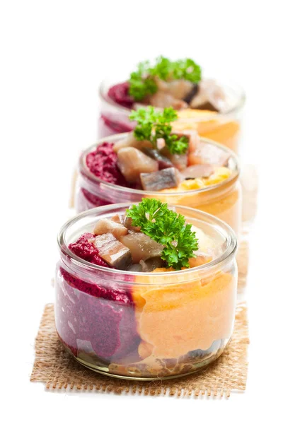 Herring Salad Colorful Vegetables Small Glass Jars Isolated White — Stock Photo, Image