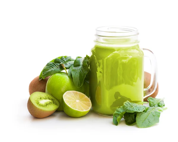 Fresh Smoothie Green Fruits Spinach Glass Jar Mug Isolated White — Stock Photo, Image