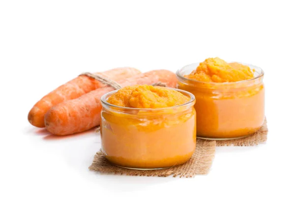 Purée Carottes Dans Des Bocaux Verre Isolés Sur Blanc — Photo