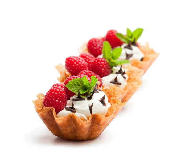 Brandy Snap Baskets Ice Cream Berries Isolated White — Stock Photo, Image