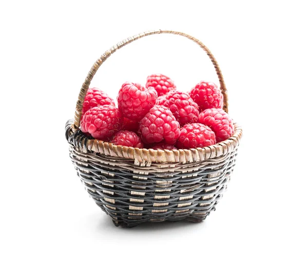 Fresh Raspberries Small Wicker Basket — Stock Photo, Image