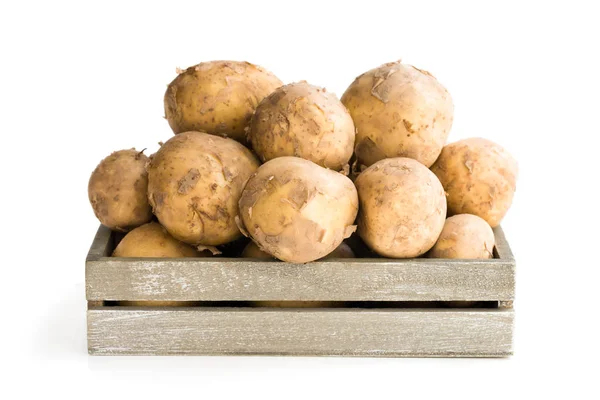 New Potatoes Wooden Box Isolated White — Stock Photo, Image