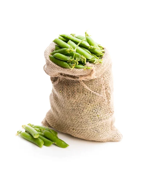 Frische Grüne Erbsenschoten Sacksack Isoliert Auf Weiß — Stockfoto