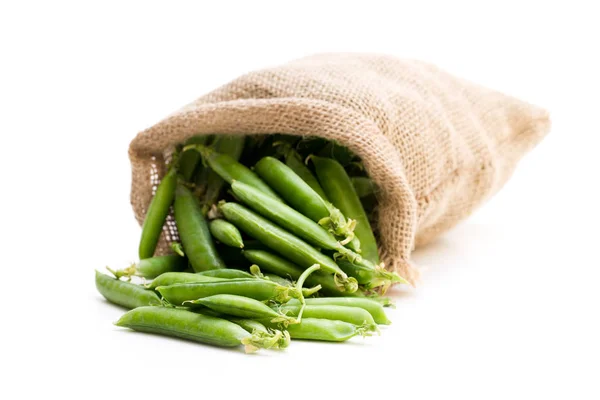 Frische Grüne Erbsenschoten Sacksack Isoliert Auf Weiß — Stockfoto