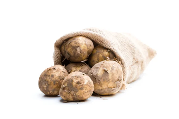New Potatoes Sackcloth Bag Isolated White — Stock Photo, Image