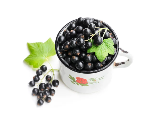 Cassis Frais Dans Une Vieille Tasse Blanche Isolé Sur Blanc — Photo