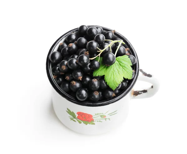 Cassis Frais Dans Une Vieille Tasse Blanche Isolé Sur Blanc — Photo