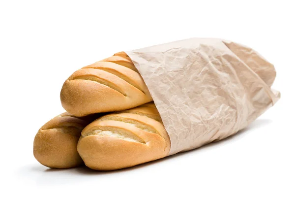 Heerlijk Stokbrood Papieren Zak Geïsoleerd Wit — Stockfoto