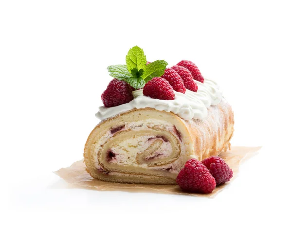 Homemade Swiss Roll Cake Raspberry Isolated White — Stock Photo, Image