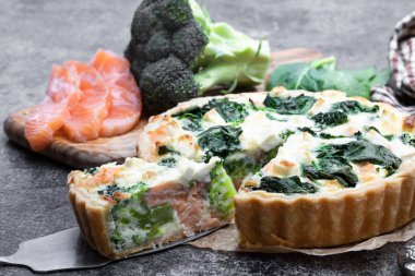 Raw salmon quiche wich broccoli and spinach on gray table  clipart