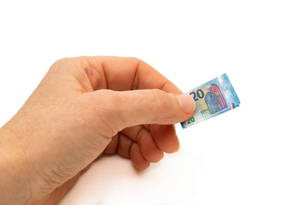 Finance concept hand holding inflated 20 euro bank note — Stock Photo, Image
