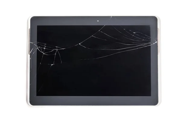 Uszkodzony szklany ekran na tablecie na białym tle — Zdjęcie stockowe