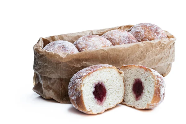 Freshly Baked Doughnuts Stuffed Strawberry Jam Paper Bag Isolated White — Stock Photo, Image