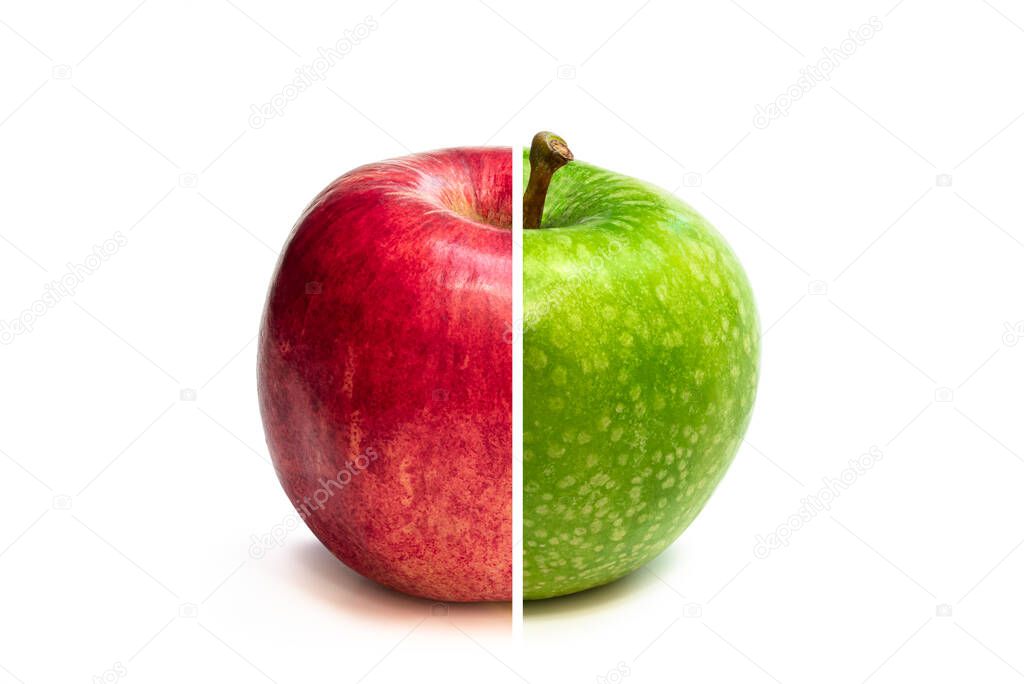 concept  of comparison green apple vs. red apple isolated on white background 