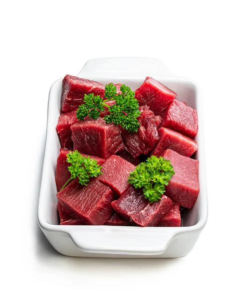 Sliced Raw Beef Parsley Herb Isolated White — Stock Photo, Image