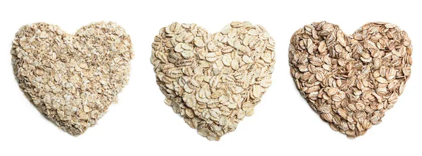 Set Different Types Heart Shaped Oats Isolated White — Stock Photo, Image