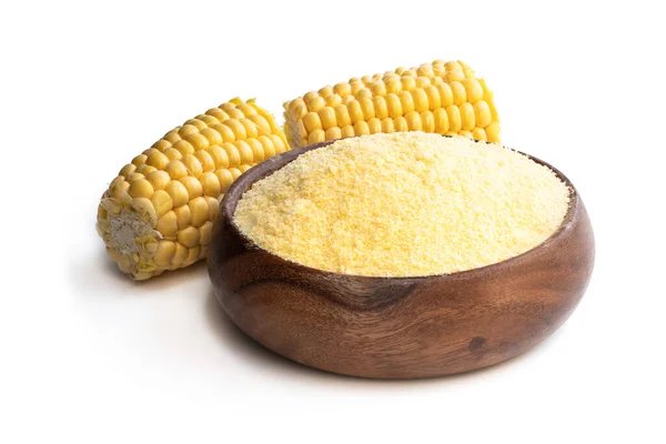 Corn Maize Meal Wooden Bowl Isolated White — Stock Photo, Image