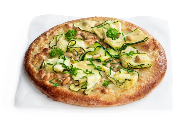 Vegetarian  pizza with zucchini and pine nuts isolated on white