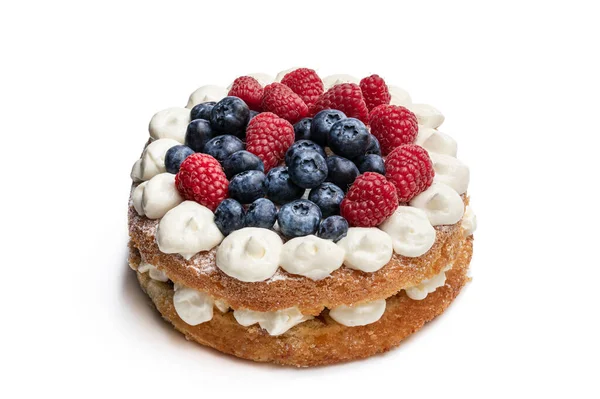 Victoria Sponge Cake Whipped Cream Berries Top Isolated White — Stock Photo, Image