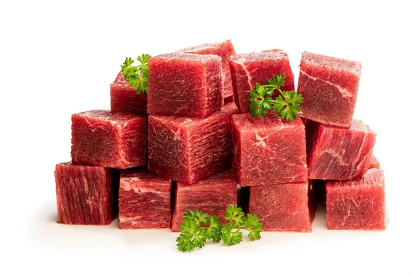 Cubes Raw Beef Meat Isolated White — Stock Photo, Image