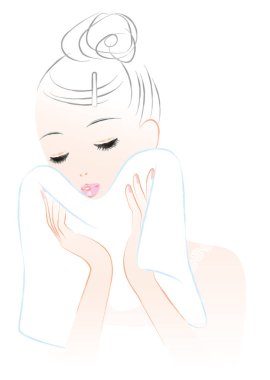 Yüzünü bir havlu ile silerek bir kadın. Cilt Bakımı.