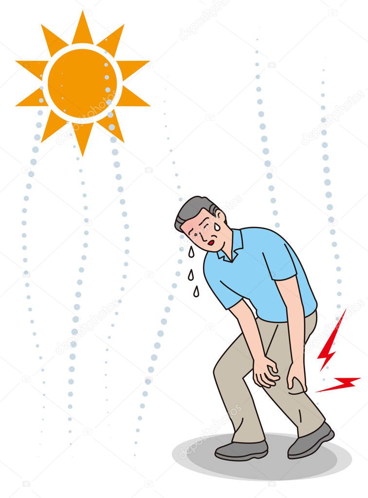 Symptoms of heat stroke of aged person. Cramps in the leg.