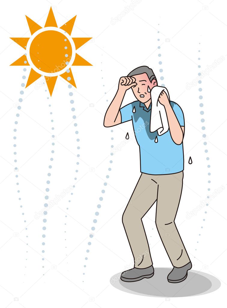 Symptoms of heat stroke of aged person. Sweating.
