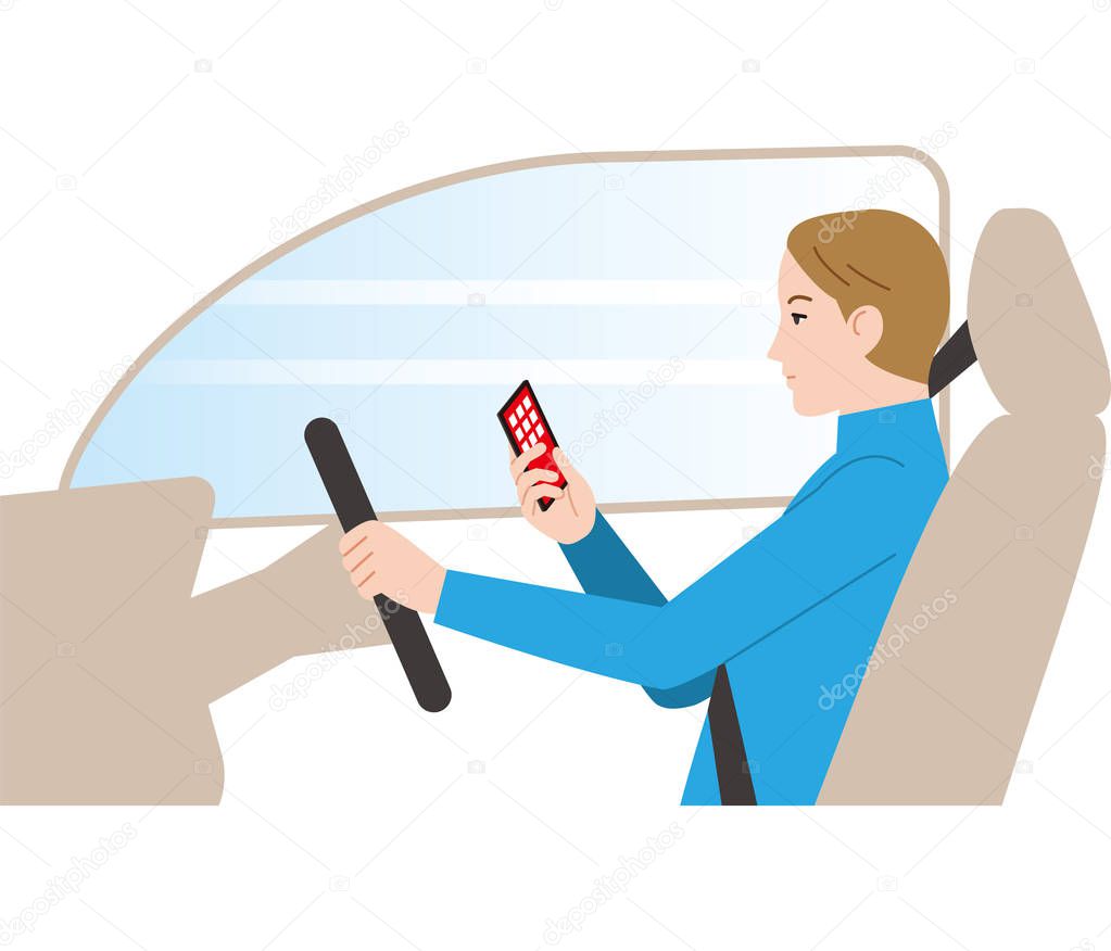 Dangerous driving. Driving while watching smartphone.