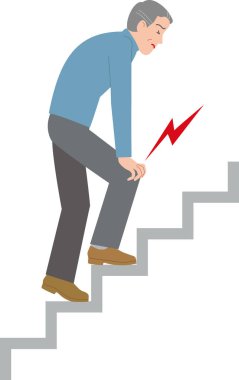 Mature man having knee pain when climbing stairs clipart