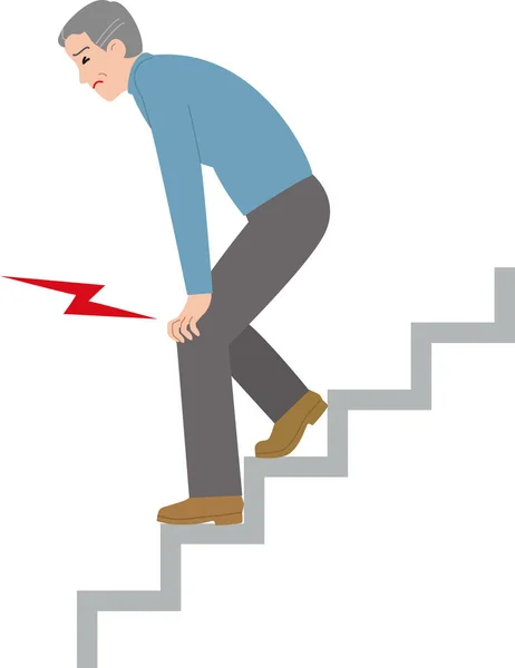 Hombre mayor que tiene dolor de rodilla al bajar las escaleras — Vector de stock