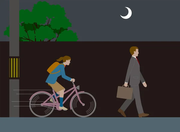 Bicicleta peligrosa sin luz driving.Vector material — Vector de stock