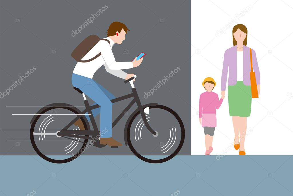 Cycling while watching a smartphone. Vector material