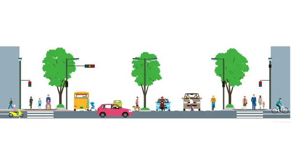 Scener av bilar och fotgängare på vänster trafikväg. — Stock vektor