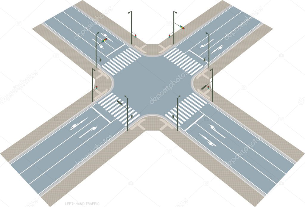 An image of a left-hand traffic intersection. Vector material.