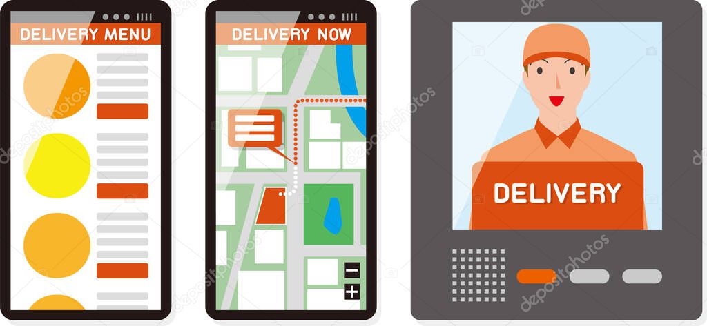 A delivery person who delivers the package. Map showing smartphone order menu and progress