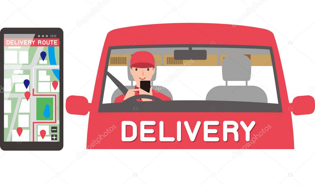 home delivery trader. A delivery member who confirms the delivery route with a smartphone