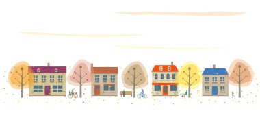 Sonbahar yaprakları, şehir manzarası ve yürüyen insanlar.