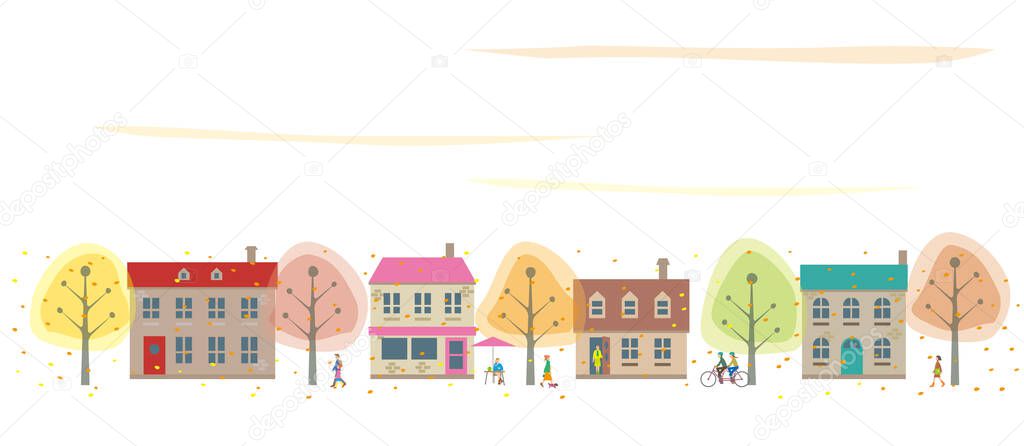 Autumn leaves and cityscape and people walking