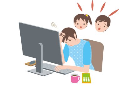 Evden çalışma, kadınlar bilgisayar kullandığında gürültü yapan çocuklar.