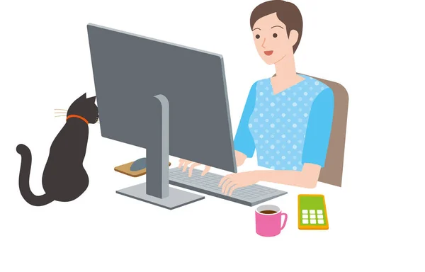 电子通勤 女人和猫 — 图库矢量图片