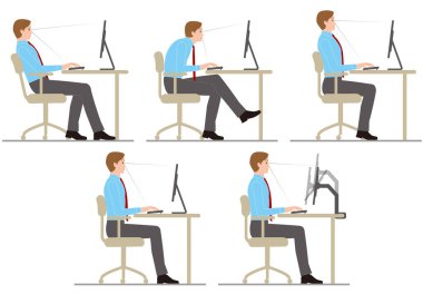 Adam oturur ve bilgisayarın başında çalışır. duruş.