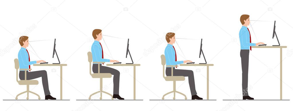 The attitude of a man who works at a desk with a computer. Chair height — Stock Illustration Attitude Man Who Works Desk Computer Chair Height Stock Vector