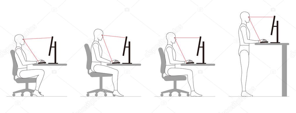 The attitude of a human who works at a desk with a computer. Chair height