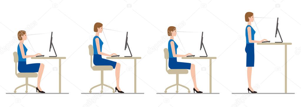 The attitude of a woman who works at a desk with a computer. Chair height — Stock Illustration Attitude Woman Who Works Desk Computer Chair Height Stock Illustration